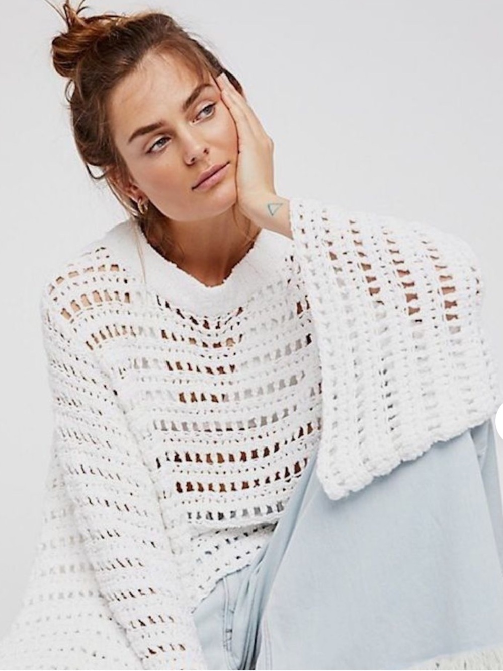 FREE PEOPLE Caught Up Bell Sleeve Crochet Knit Sweater White Med.